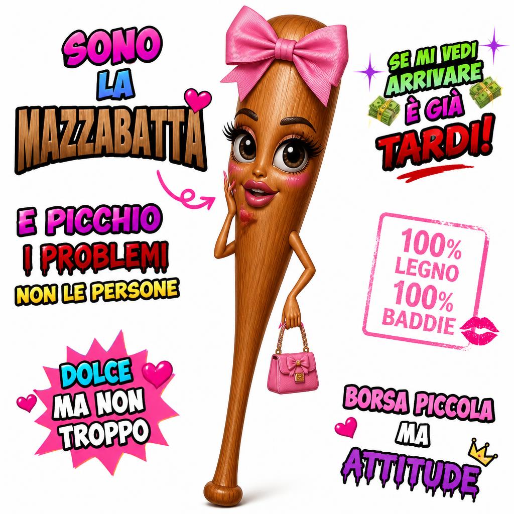 Tung Tung Sahur reimagined as a wooden baseball bat girlie with a pink bow and tiny purse